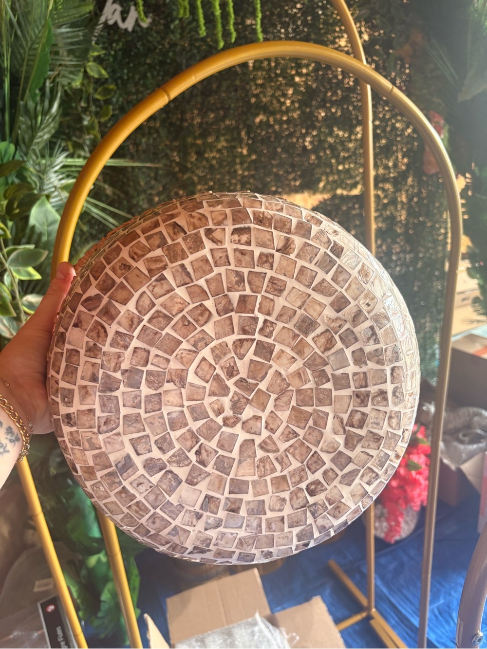 Woven Rattan and Stone Mosaic Decorative Basket - Brown - Picture 4 of 4
